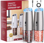 Rechargeable Gravity Electric Salt and Pepper Grinder Set with LED Light, Type-C Fast Charging, Adjustable Coarseness, Large Capacity Grinder for Kitchen & Outdoor, (2 Pack-Stainless Steel)