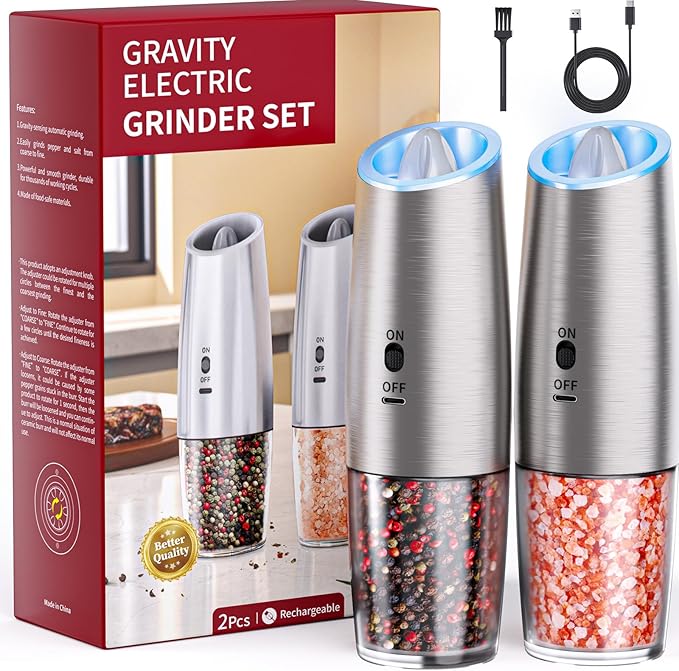 Rechargeable Gravity Electric Salt and Pepper Grinder Set with LED Light, Type-C Fast Charging, Adjustable Coarseness, Large Capacity Grinder for Kitchen & Outdoor, (2 Pack-Stainless Steel)