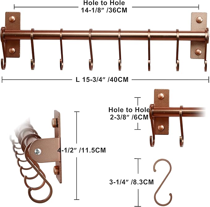 Dseap Kitchen Utensil Holder Hanger, Pot and Pan Rack Wall Mounted, Kitchen Rail with 8 Hooks for Hanging Cooking Utensils, Mugs, Spoons, Wall Mounted, Rose Gold, Pack of 2