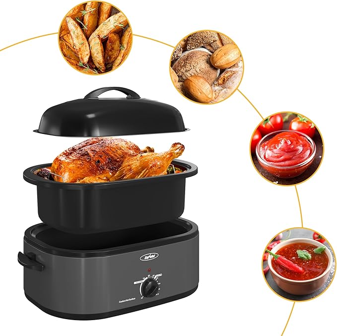 Sunvivi 18-Quart Roaster Oven with Self-Basting Lid, Electric Turkey Roaster Oven with Removable Pan and Rack, Stainless Steel, Grey