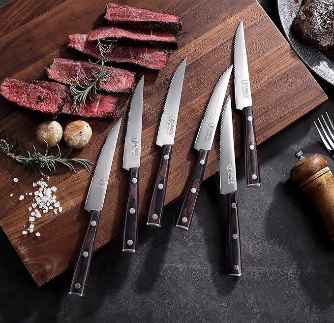 Steak Knife Set of 6 with Gift Box - Ergonomic Grip Black Wooden Handle, Highly Resistant & Durable German Stainless Steel, Serrated Edge - 4.8''Dinner Knife Set Non Straight