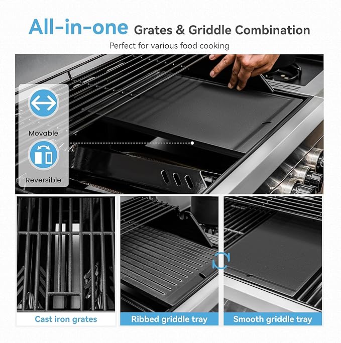 2 in 1 Propane Griddle Grill Combo, 6-Burner Propane Gas BBQ Combo Grill with Porcelain-Enameled Cast Iron Grates & Plate, 42,000 BTU with Side Stove for Outdoor Cooking Camping Patio Backyard