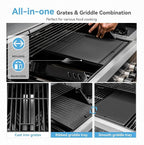2 in 1 Propane Griddle Grill Combo, 6-Burner Propane Gas BBQ Combo Grill with Porcelain-Enameled Cast Iron Grates & Plate, 42,000 BTU with Side Stove for Outdoor Cooking Camping Patio Backyard