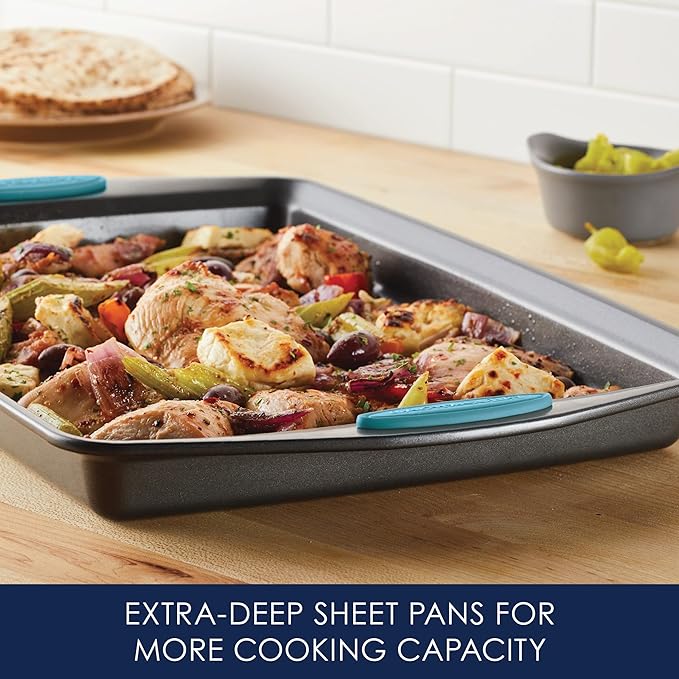 Rachael Ray Bakeware Nonstick Cookie Pan Set, 3-Piece, Gray with Agave Blue Grips