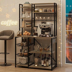 Bakers Rack with Power Outlet, 7-Tier Microwave Stand with Wire Basket, Coffee Bar with 4 s-Shaped Hooks, Kitchen Open Storage Shelf Rack for Spices, Pots, Gray