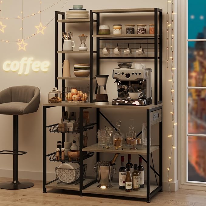 Bakers Rack with Power Outlet, 7-Tier Microwave Stand with Wire Basket, Coffee Bar with 4 s-Shaped Hooks, Kitchen Open Storage Shelf Rack for Spices, Pots, Gray