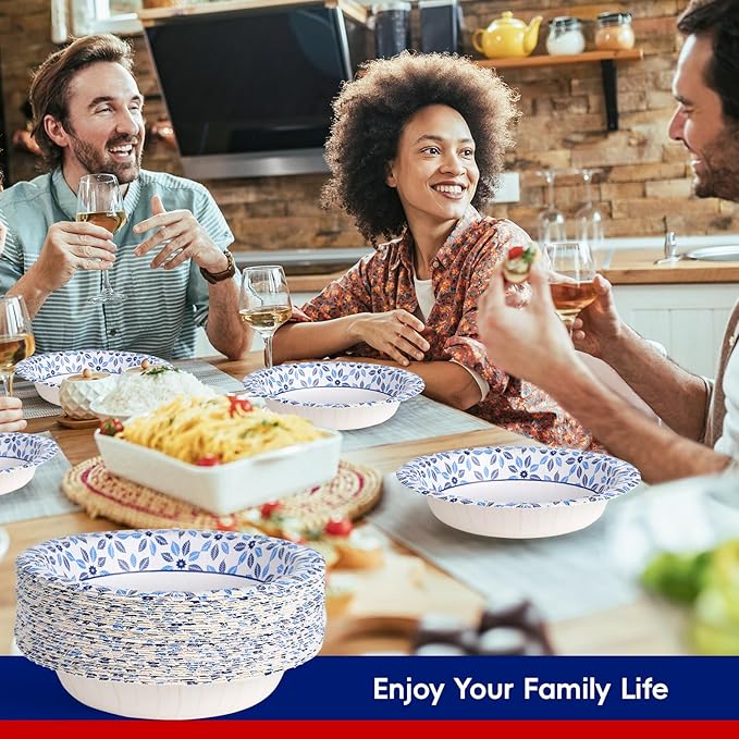 JOLLY CHEF 160 Count Paper Bowls 20 oz Soak Proof, Heavy Duty Printed Disposable Bowls Bulk for Dinner or Lunch