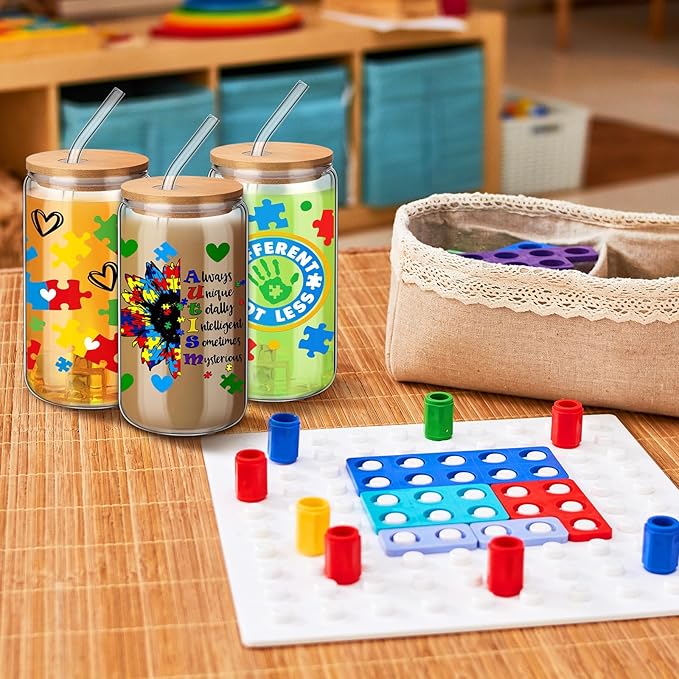 6 Pcs Autism Mom Gifts Tumbler 16 oz Autism Awareness Glass Cups with Lids and Straws Can Shape Autistic Iced Coffee Cup for Autistic Mom Teacher