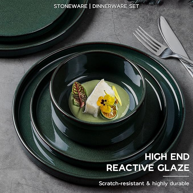 Stoneware Dinnerware Sets for 4, Onader Reactive Glaze Plates and Bowls Sets, Ceramic Dish Dinner Set with Rustic Terracotta Bottom, 12 Piece Elegant Dishware - Emerald Green