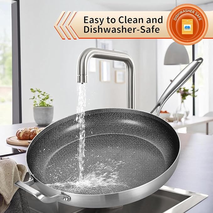 Inqibee 13-Inch Tri-Ply Hybrid Ceramic Non Stick Stainless Steel Frying Pan with Lid,Large Skillet,Induction Chef's Cooking Pan,Dishwasher and Oven Safe,Detachable Handle