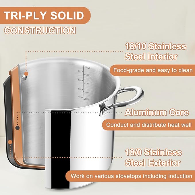 Herogo 10 Quart Stock Pot, 18/10 Stainless Steel Large Cooking Pot with Lid, 10 QT Metal Pasta Stockpot for Chicken Soup, Tri-ply Big Stockpot for Induction Gas Electric Stove, Dishwasher Safe