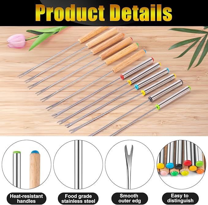 24 PCS Fondue Forks Stainless Steel,12 Wood Handles and 12 Stainless Steel Handles,9.3"Color Coding Cheese Fondue Fork,Heat Resistant Fondue Sticks for Chocolate Fountain Marshmallows,6 Color