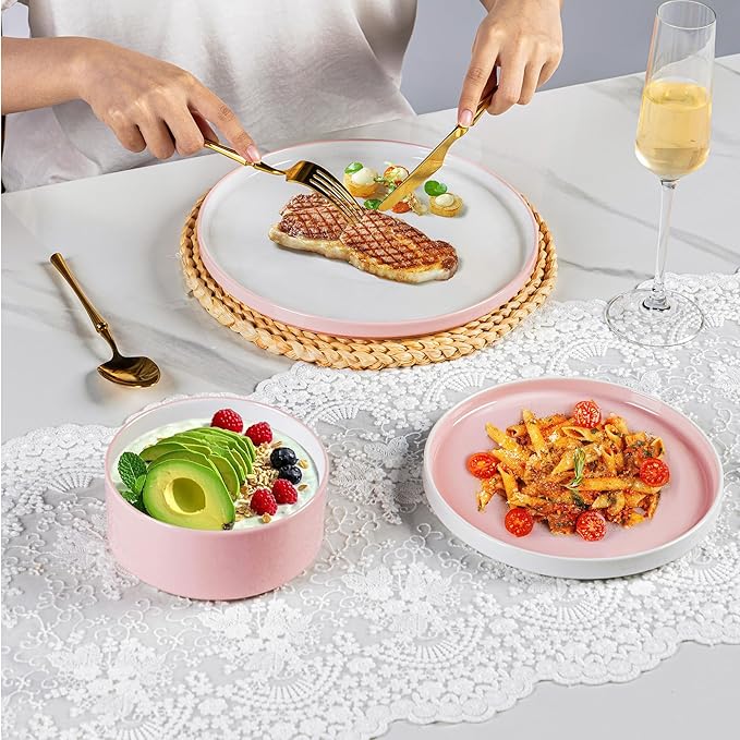 AmorArc Ceramic Plates Set of 6, 8.0 Inch Round Stoneware Salad Plates Use for Dessert, Salad, Appetizer etc,Microwave and Dishwasher Safe, Scratch Resistant Small Deep Dinner Plates-Cloud Pink