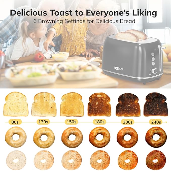 Retro Stainless Steel 2 Slice Toaster - Bagel, Cancel, Defrost Functions, 6 Shade Settings, Extra Wide Slot, Removable Crumb Tray (Black)