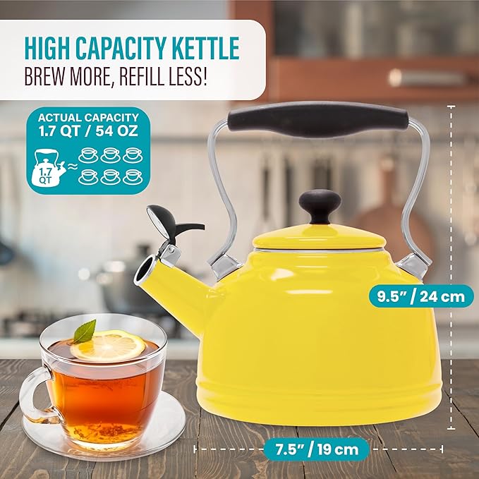 Chantal Tea Kettle, 1.7 QT, Vintage Series, Premium Enamel on Carbon Steel, Whistling, Even Heating & Quick Boil (Canary Yellow)