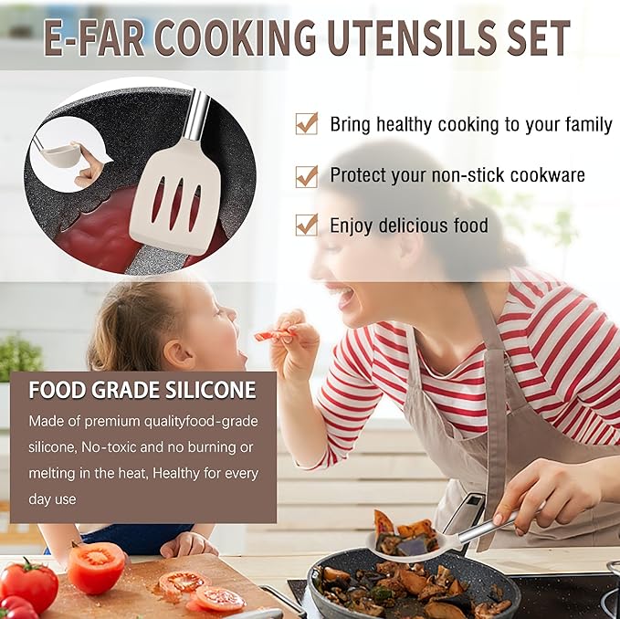 E-far Silicone Cooking Utensils Set, 14-Piece Khaki Kitchen Utensils Set with Holder, Kitchen Tools Spatulas with Stainless Steel Handle for Non-stick Cookware, Heat Resistant & Dishwasher safe