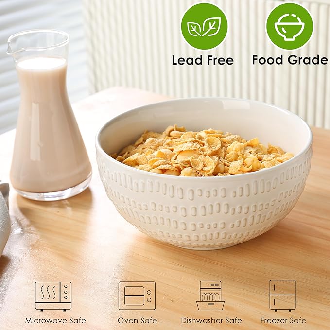 24 OZ Large Soup Bowls Set of 4, Farmhouse Embossment Ceramic Cereal Bowls for Salad, Serving, Fruit, Snack, Noodle, Ramen, Pho, Microwave & Dishwasher Safe, 6 Inch White