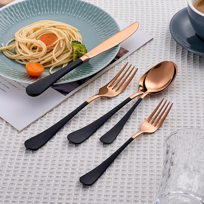20 Piece Rose Gold and Black 18/0 Flatware Utensil Set for 4, Include Dinner Knife,Dinner Forks,Dinner Spoons,Salad Forks,Teaspoons,Silverware Set for 4, Dishwasher Safe