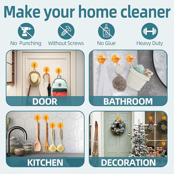 Antimbee 3 Pack Suction Cup Hooks, Wreath Hangers, Removable Small Suction Cups for Shower, Bathroom, Glass, Door, Windows, Kitchen-Up to 11 lbs on Smooth Surface (Transparent Orange)