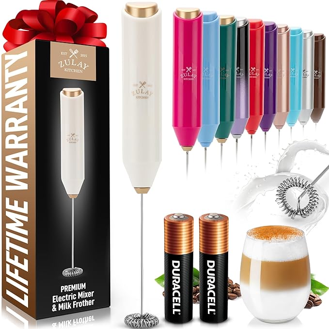Zulay Kitchen Milk Frother Handheld with 2 Duracell AA Batteries – Electric Drink Mixer for Coffee, Lattes, Cappuccinos, Matcha & Hot Chocolate – Portable Foam Maker & Coffee Bar Accessory