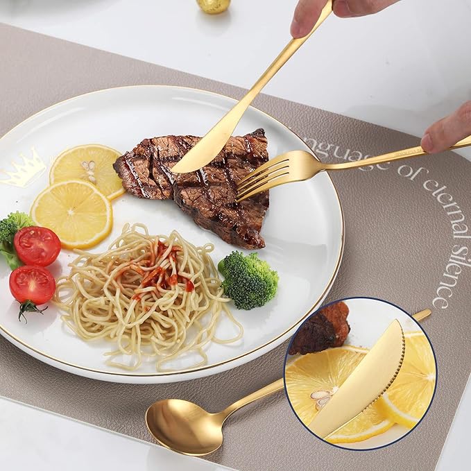 Matte Gold Silverware Set,30 Piece Stainless Steel Modern Flatware Set,Brushed Cutlery Set Service for 6,Satin Finish Utensils Set,Home Kitchen and Restaurant,Dishwasher Safe