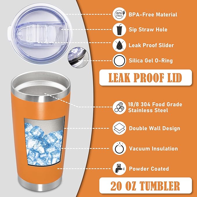 20 oz Tumbler Coffee Tavel Tumblers Bulk with Lid Stainless Steel Double Wall Vacuum Insulated Mug Powder Coated Cups fit Car Cupholder for Hot and Cold - Orange, 4Pack