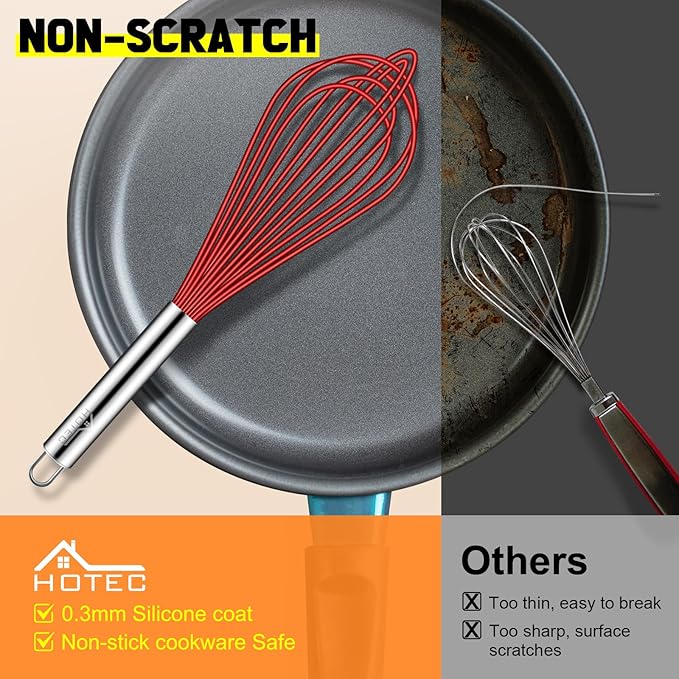 HOTEC 4 Pieces Silicone Whisks Set, Wire Balloon Whisks Egg Beater, Non-slip Handle Whisk for Non-stick Cookware Perfect for Cooking, Stirring, Beating and Blending (Red)