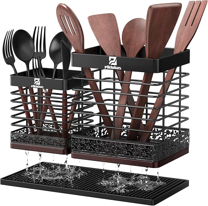 Extra Large Utensil Holder for Kitchen Counter, Matte Black Metal Cooking Utensil Caddy Organizer with Wooden Draining Base, Countertop Spatula Cutlery Storage with Silicone Dish Drying Mat