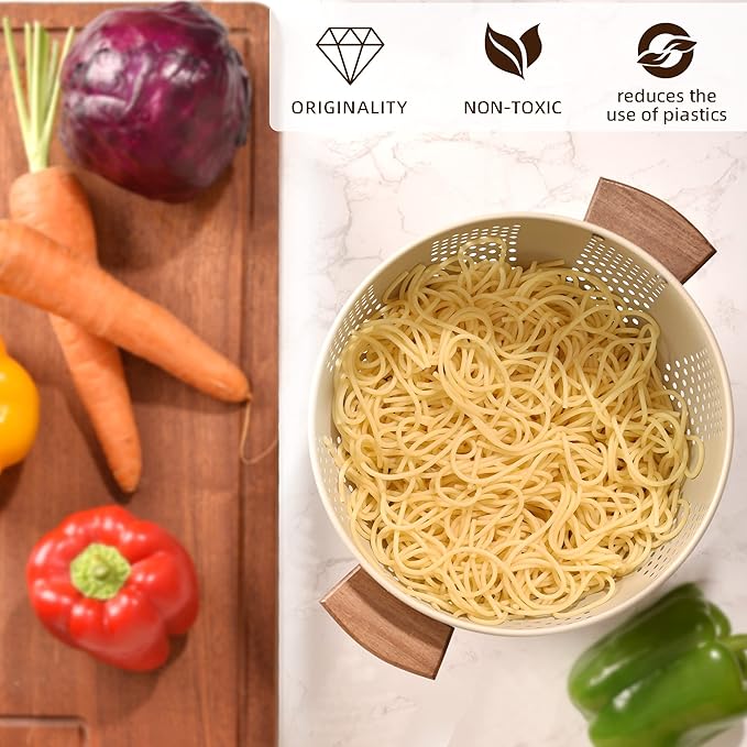 Metal Colander with Wood Handle and Stable Base, Powder Coated Steel Kitchen Strainer Basket for Draining Pasta, Vegetable and fruit(7quart,Sandyellow)