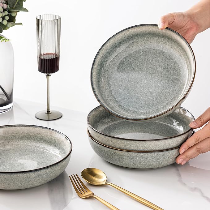 GBHOME 9'' Large Ceramic Pasta Bowls, 38oz Stoneware Pasta Serving Bowls Set of 4 for Kitchen, Wide Bowls for Fruit,Pasta,Salad,Oatmeal,Meal, Microwave Safe, Reactive Glaze-Green Wheat