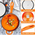 E-far Enameled Cast Iron Sauce Pan, 2 Quart Dutch Oven Saucepan with Lid, Small Sauce Pot for Cooking, Boiling, Healthy & Non Toxic, Induction & Oven Safe, Orange