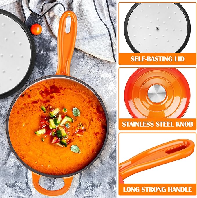 E-far Enameled Cast Iron Sauce Pan, 2 Quart Dutch Oven Saucepan with Lid, Small Sauce Pot for Cooking, Boiling, Healthy & Non Toxic, Induction & Oven Safe, Orange
