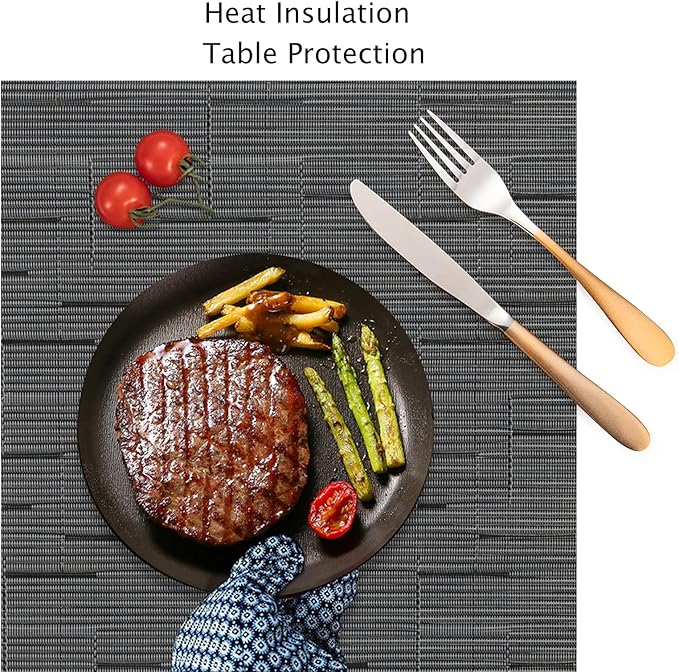 Myir JUN Placemats Set of 4, Vinyl Woven Placemats Place Mats Indoor Set of 4 Washable Table Mats Non-Slip Place mats for Dining Table (Black-Gray, Set of 4)