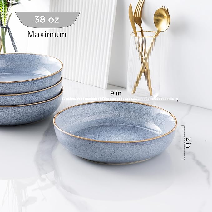 GBHOME 9'' Large Ceramic Pasta Bowls, 38oz Stoneware Pasta Serving Bowls Set of 4 for Kitchen, Wide Bowls for Fruit,Pasta,Salad,Oatmeal,Meal, Microwave Safe, Reactive Glaze-Blue