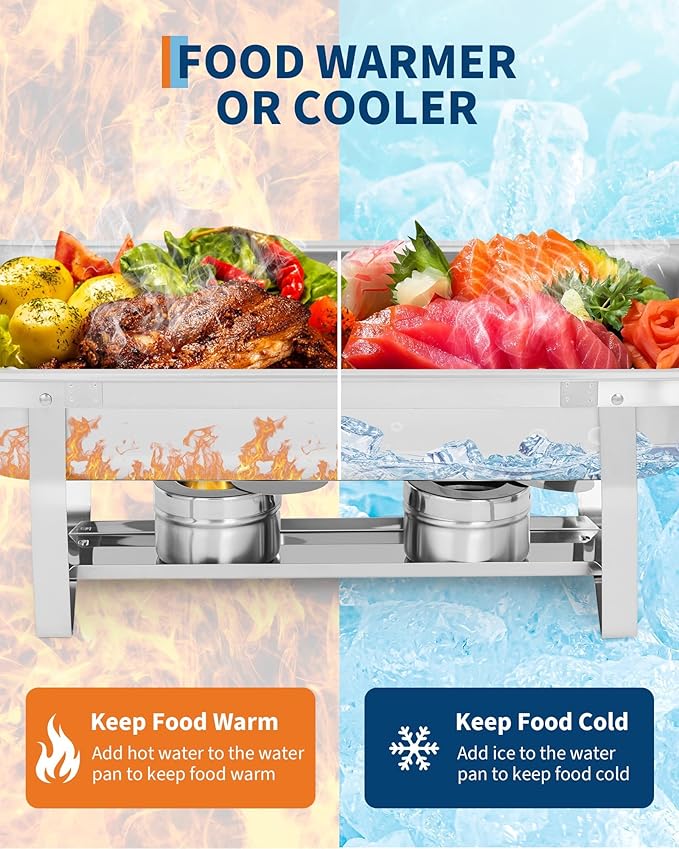Garvee Chafing Dishes for Buffet Set of 2, 8QT Buffet Servers and Warmers Set with Lid & Foldable Frame, Rectangular Stainless Steel Chafer Food Warmer for Parties Wedding Catering Supplies, Silver