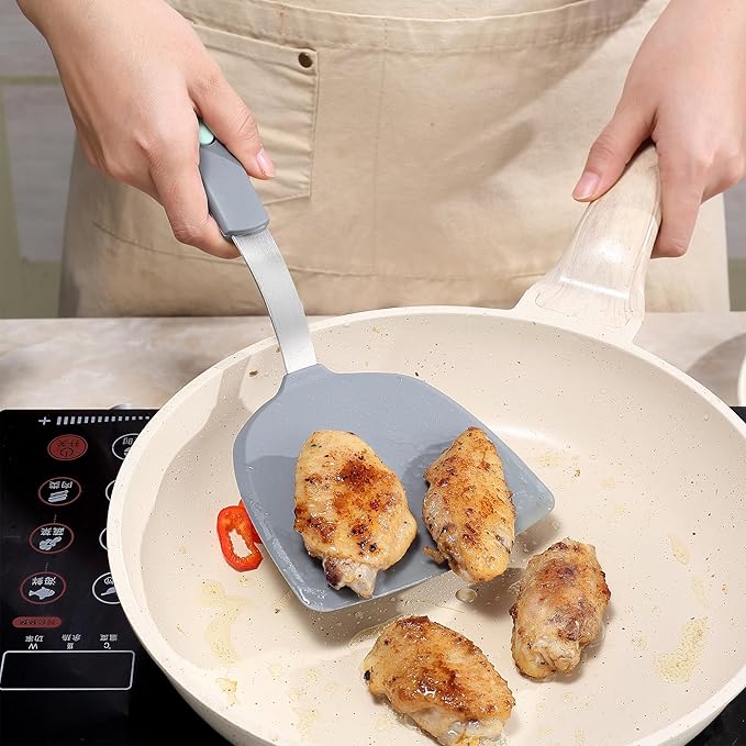 To encounter 2 Pieces Silicone Spatula set, Non-Stick Turner Spatulas, Heat Resistant Silicone Cooking Flipper for Eggs, Fish, Pancakes, Light Grey