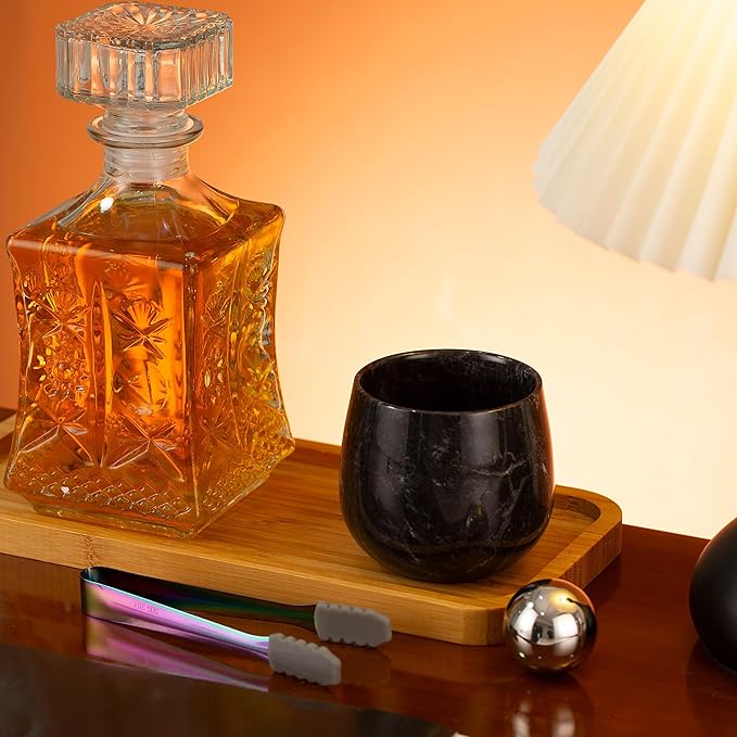 Large Marble Whiskey Glasses, Bourbon Gifts for Men, Old Fashioned Bourbon Drinking Glass Freezable, Christmas, Anniversary, Birthday Gifts (Black plus)