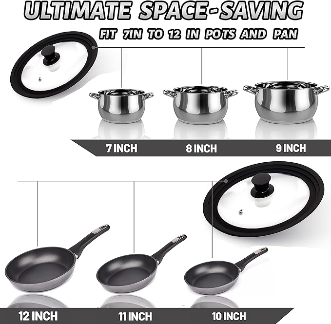 Tempered Glass Lid Set of 2 - Universal Lids with Heat Resistant Silicone Rim for Pots, Pans and Skillets - Pan Cover Replacement Lids Fit 7", 8" & 9" and 10", 11" & 12" Diameter Cookware