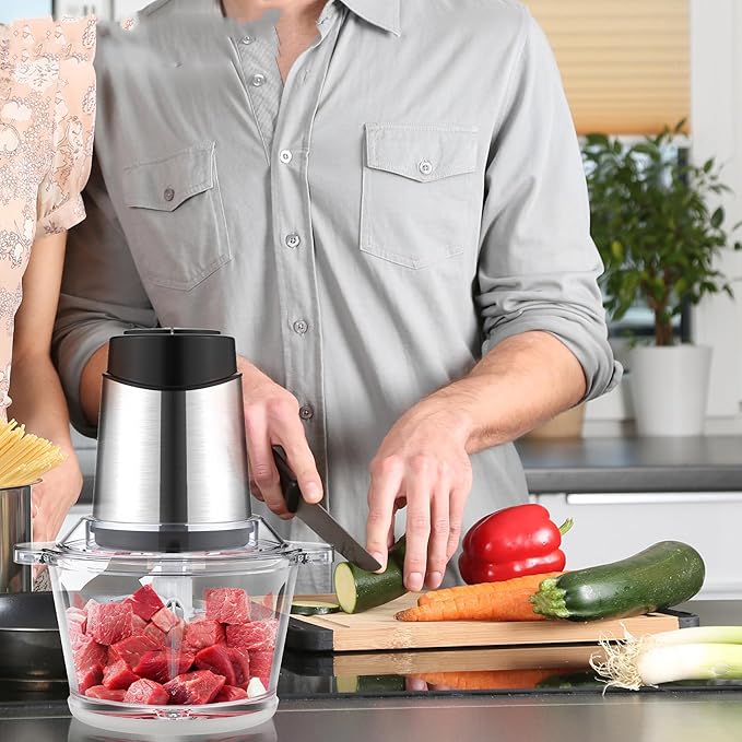 220V Food Processor & 2L Meat Grinder Chopper for for Meat, Vegetables, Fruits and Nuts,4 Bi-Level Blades, Stainless Steel (EU Plug pro)