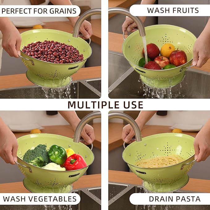 Metal Colander 2 Pack, Strainer Bowel with Handles 2Qt & 6Qt Powder Coated Solid Ring Base Heavey Duty Kitchen Drainer Basket for Pasta Veggies and Fruits,New Home Apartment Essentials (LightGreen)