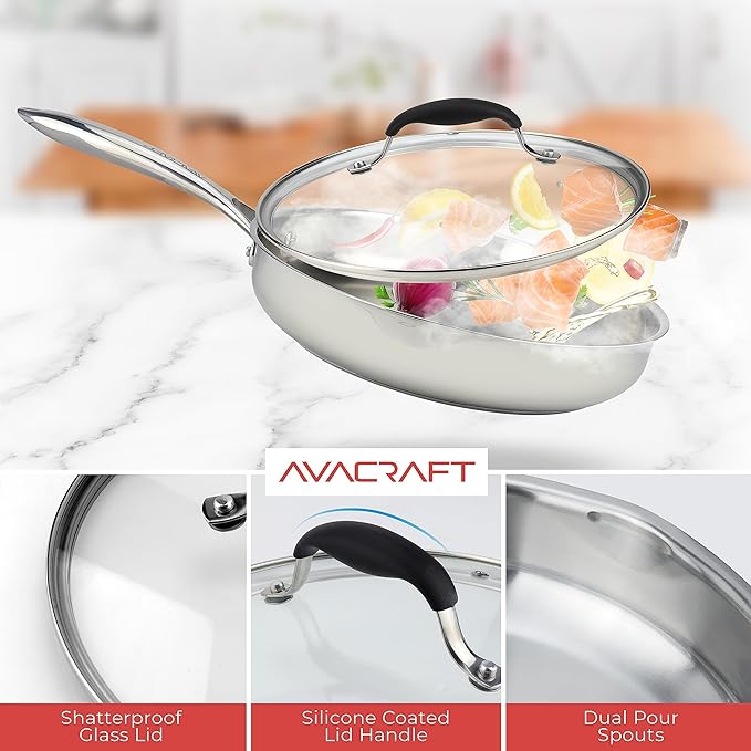 AVACRAFT 18/10 12 Inch Stainless Steel Frying Pan with Lid, Side Spouts, Induction Pan, Versatile Stainless Steel Skillet, Fry Pan in our Pots and Pans (12 inch)