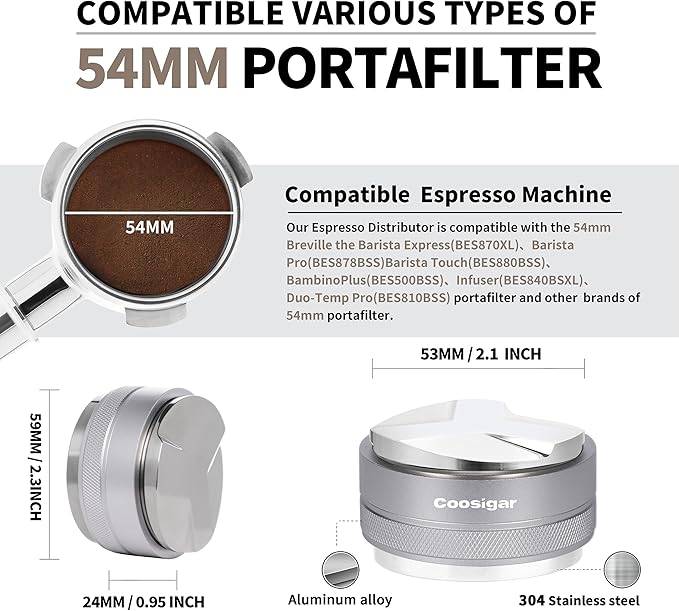 54mm Coffee Distributor and Tamper,Dual Head Coffee Leveler Fits for Breville 54mm Portafilter,Professional Espresso Hand Tamper.(Silver)
