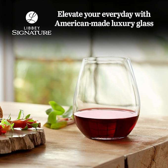 Libbey Signature Red Wine Glasses Set of 4, Elegant, Dishwasher Safe Glass Stemless Wine Glasses, Elegant Wine Glasses for Weddings, Birthdays & More