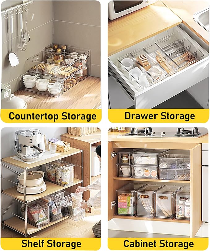 4 Pack Refrigerator Organizer Bins with Pull-out Drawer Stackable Clear Fridge Drawer Organizer Fruit Vegetable Storage Containers for Kitchen Pantry Organization (2 Large+2 Small)