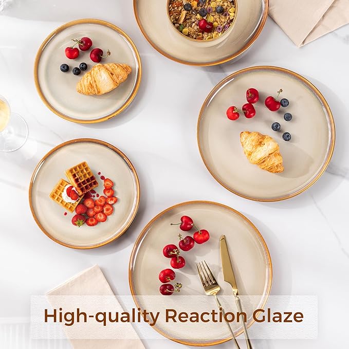 LERATIO Ceramic Dinner Plates Set of 6, 10.5 Inch Reactive Glaze Porcelain Plates, Modern Shape Dinnerware Dishes Set for Kitchen,Microwave&Dishwasher&Oven Safe, Scratch Resistant-Khaki
