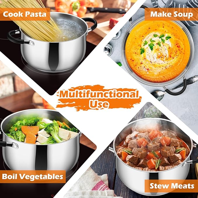 P&P CHEF Stainless Steel Stock Pot, 6 Qt Cooking Soup Pot with Visible Lid for Pasta, Tri-Ply Bottom & Dual Heatproof Handles, For Induction Gas All Stoves, Non-Toxic & Dishwasher Safe