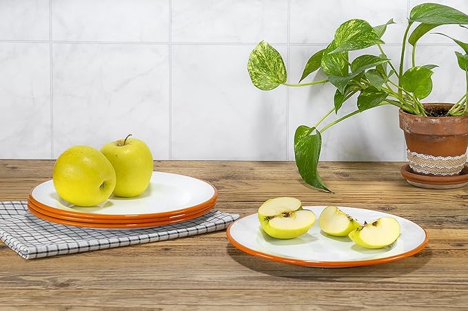 Red Co. Set of 4 Enamelware Metal Classic 10" Round Dinner Plate, Solid White/Orange Rim