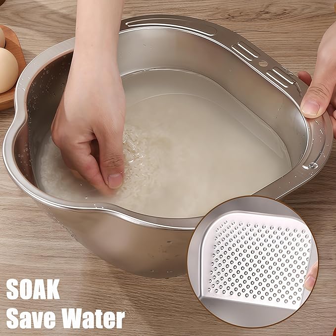 Rice Washer Strainer Bowl Stainless Steel Colander Quinoa Washing Bowl Versatile Square Side Drainers for Cleaning Rinsing Fruits, Vegetables, and Beans - Multifunctional Drain Basket