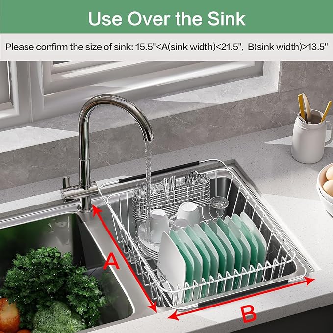 Large Dish Drainer Rack in Sink Adjustable, Expandable 304 Stainless Steel Metal Dish Drying Rack Organizer with Stainless Steel Utensil Holder Over Inside Sink Counter, Rustproof