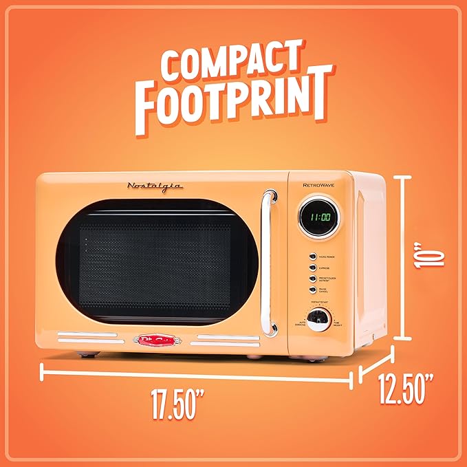 Nostalgia Retro Compact Countertop Microwave Oven 0.7 Cu. Ft. -700-Watts with LED Digital Display-Child Lock-Easy Clean Interior-Orange